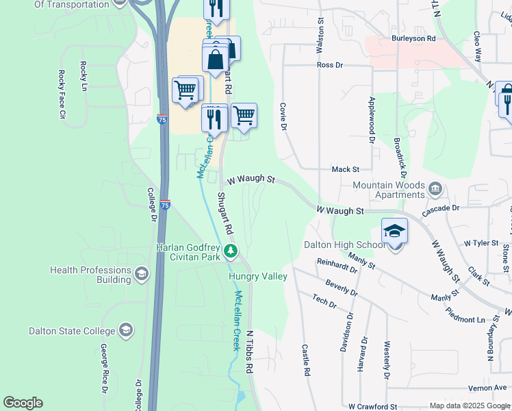 map of restaurants, bars, coffee shops, grocery stores, and more near 347 Ivy Gate Ridge in Dalton