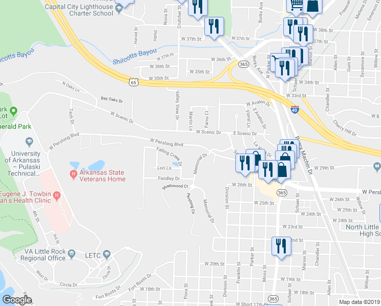 map of restaurants, bars, coffee shops, grocery stores, and more near 2601 Pershing Circle in North Little Rock