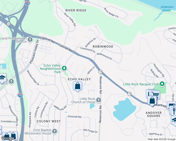 map of restaurants, bars, coffee shops, grocery stores, and more near 3210 Misty Lane in Little Rock