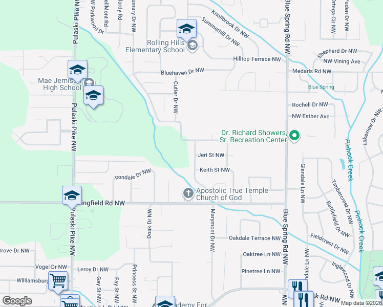 map of restaurants, bars, coffee shops, grocery stores, and more near 4235 Tee Jay Drive Northwest in Huntsville
