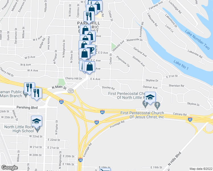 map of restaurants, bars, coffee shops, grocery stores, and more near 117 Dooley Road in North Little Rock