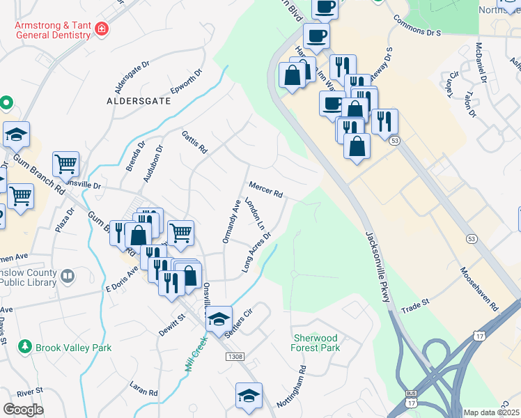 map of restaurants, bars, coffee shops, grocery stores, and more near 109 London Lane in Jacksonville
