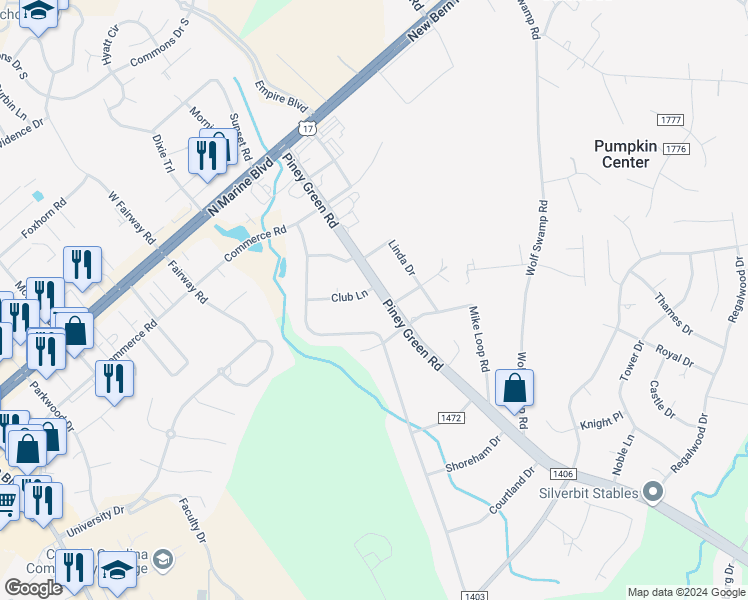 map of restaurants, bars, coffee shops, grocery stores, and more near 114 Club Lane in Jacksonville