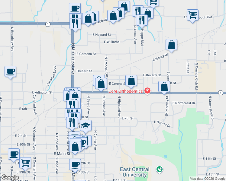 map of restaurants, bars, coffee shops, grocery stores, and more near 916 Arlington Street in Ada