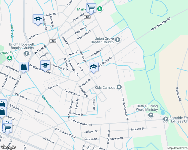 map of restaurants, bars, coffee shops, grocery stores, and more near 815 McGirts Bridge Road in Laurinburg
