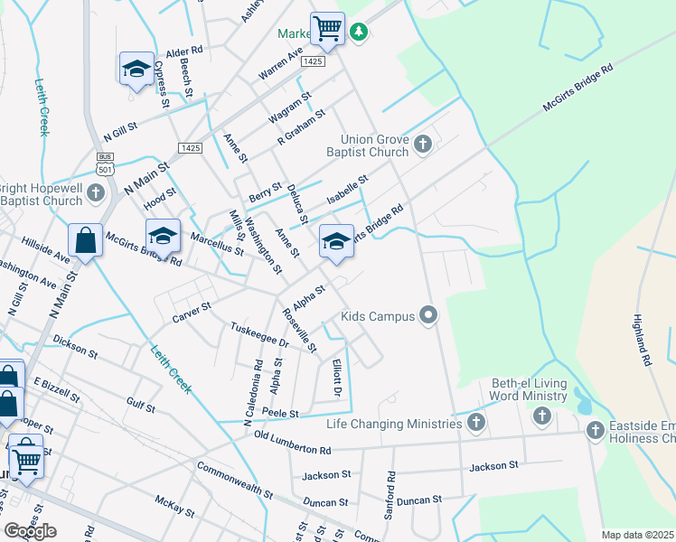 map of restaurants, bars, coffee shops, grocery stores, and more near 815 McGirts Bridge Road in Laurinburg