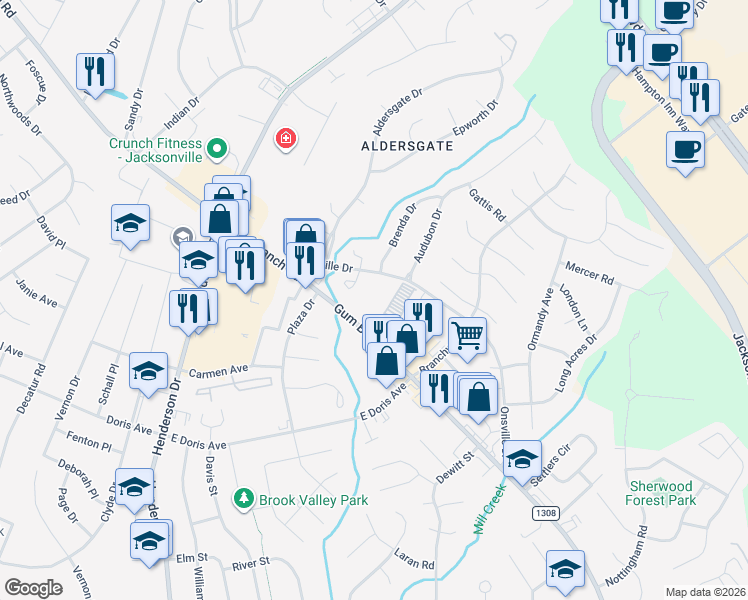 map of restaurants, bars, coffee shops, grocery stores, and more near 1240 Gum Branch Road in Jacksonville