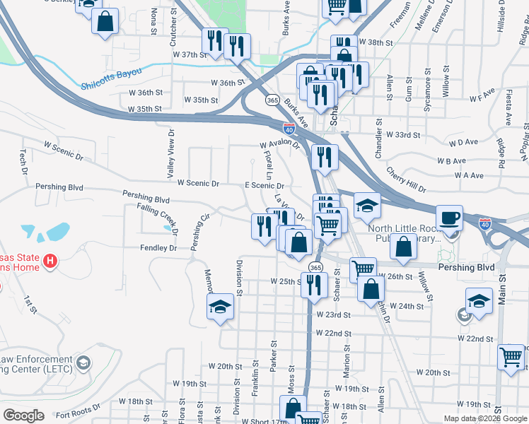 map of restaurants, bars, coffee shops, grocery stores, and more near 13 Cliffwood Circle in North Little Rock