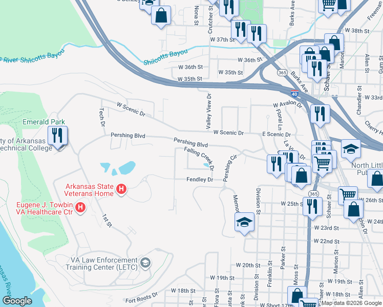 map of restaurants, bars, coffee shops, grocery stores, and more near 54 Lori Lane in North Little Rock