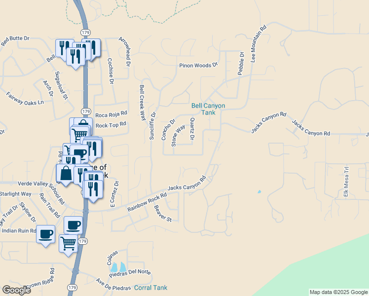 map of restaurants, bars, coffee shops, grocery stores, and more near 40 Quartz Drive in Sedona