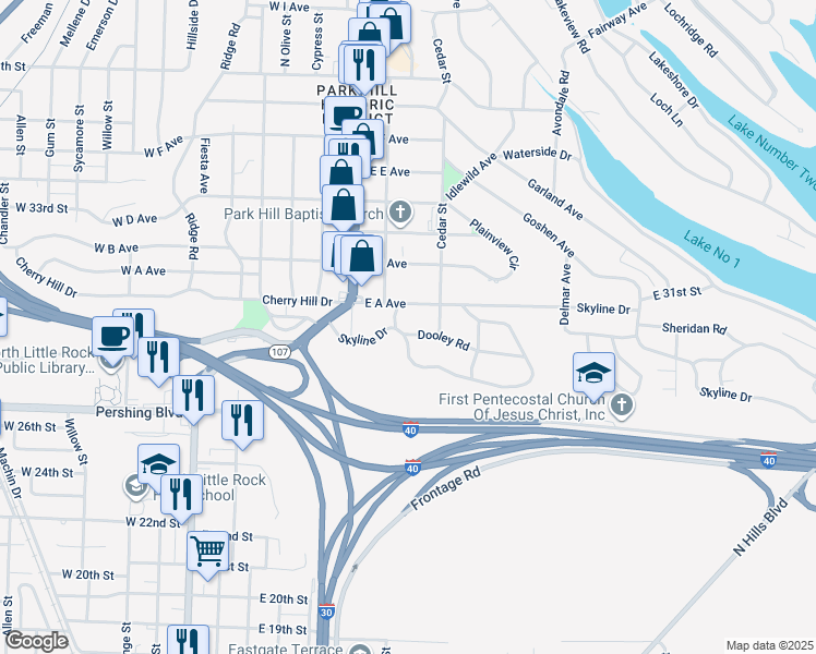 map of restaurants, bars, coffee shops, grocery stores, and more near 257 Skyline Drive in North Little Rock