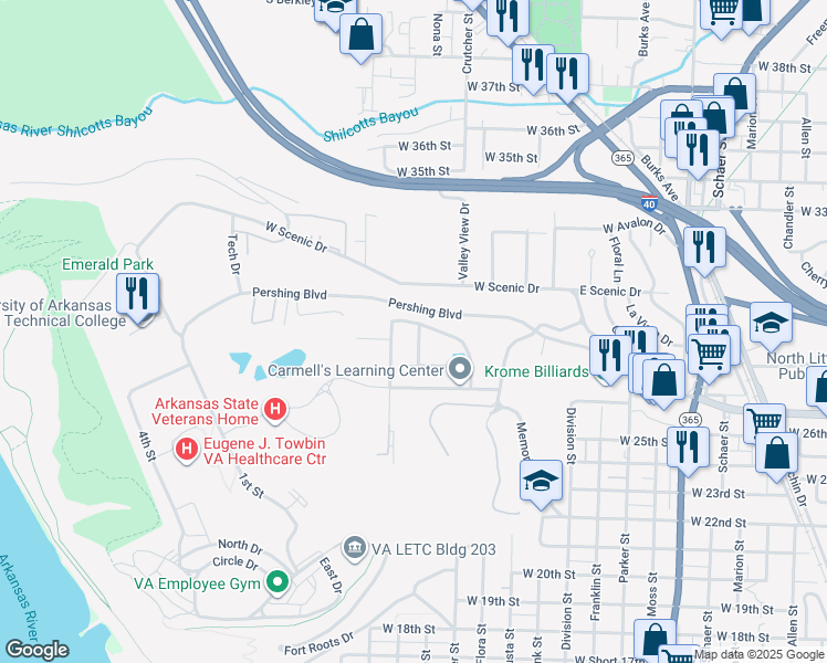 map of restaurants, bars, coffee shops, grocery stores, and more near 54 Lori Lane in North Little Rock