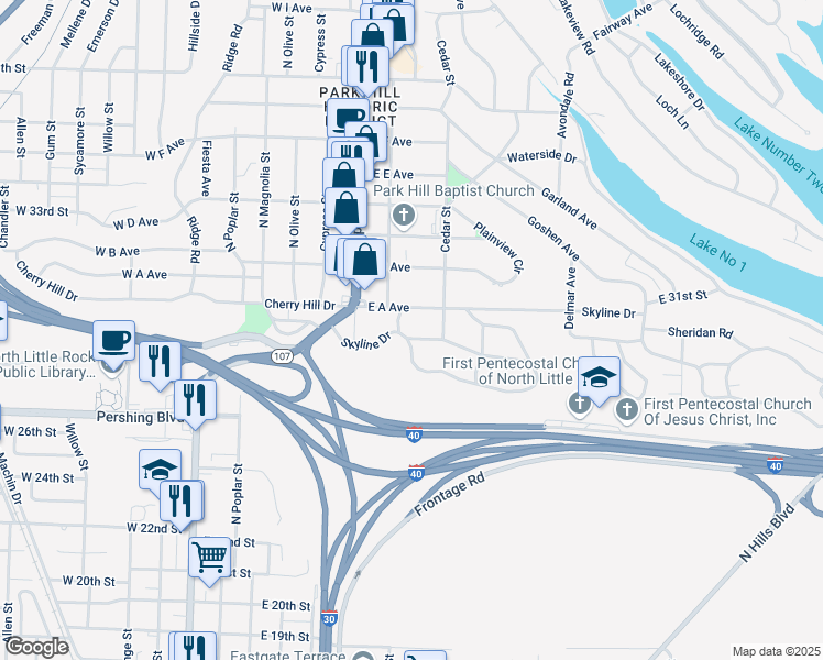 map of restaurants, bars, coffee shops, grocery stores, and more near 257 Skyline Drive in North Little Rock