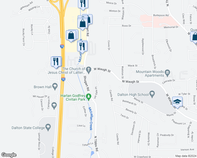 map of restaurants, bars, coffee shops, grocery stores, and more near 347 Ivy Gate Ridge in Dalton