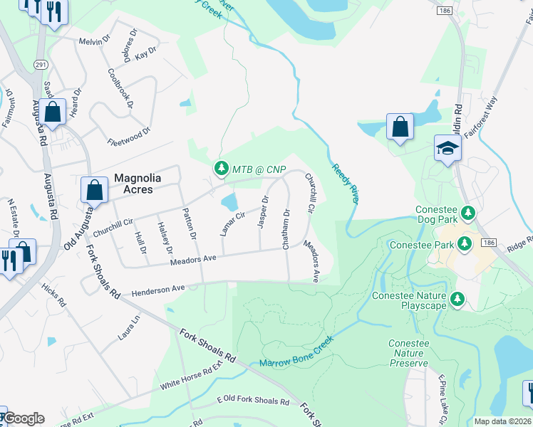 map of restaurants, bars, coffee shops, grocery stores, and more near 101 Jasper Drive in Greenville
