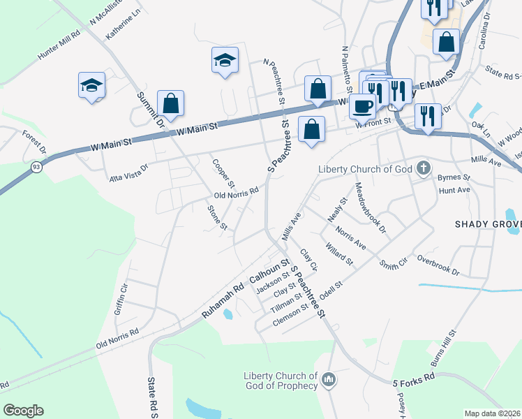 map of restaurants, bars, coffee shops, grocery stores, and more near 314 South Peachtree Street in Liberty