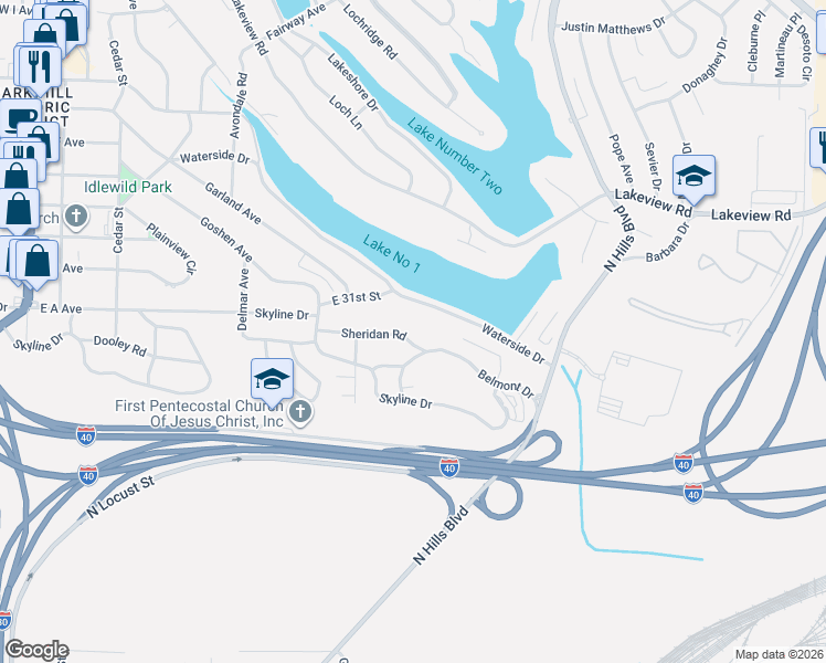 map of restaurants, bars, coffee shops, grocery stores, and more near 165 Sheridan Road in North Little Rock