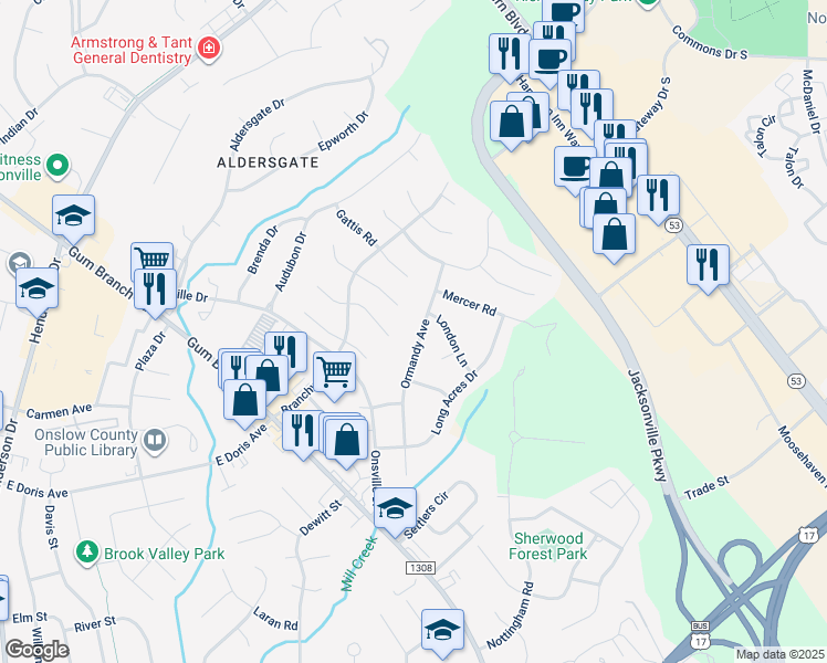 map of restaurants, bars, coffee shops, grocery stores, and more near 1215 Ormandy Avenue in Jacksonville