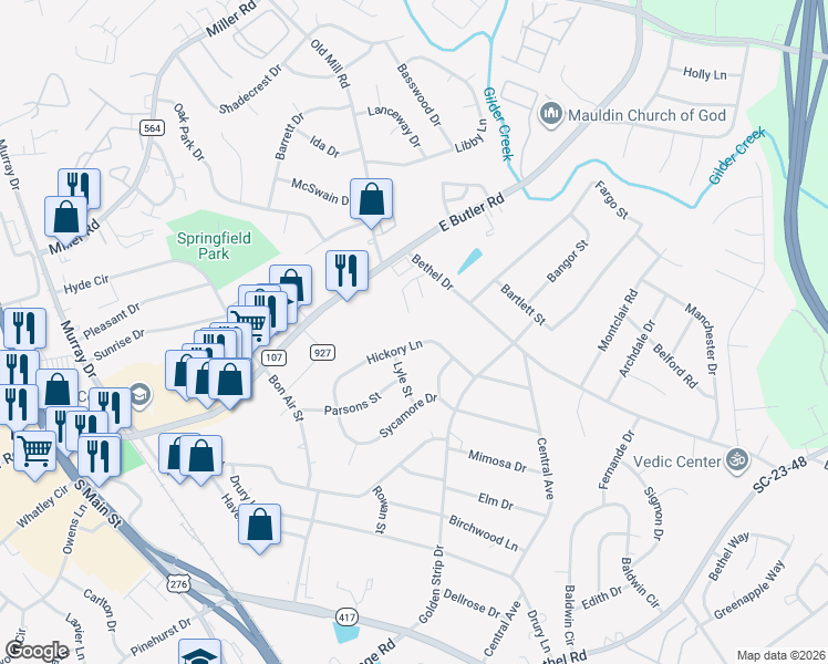 map of restaurants, bars, coffee shops, grocery stores, and more near 205 Hickory Ln in Mauldin