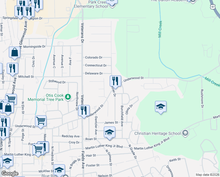 map of restaurants, bars, coffee shops, grocery stores, and more near 817 Frazier Drive in Dalton
