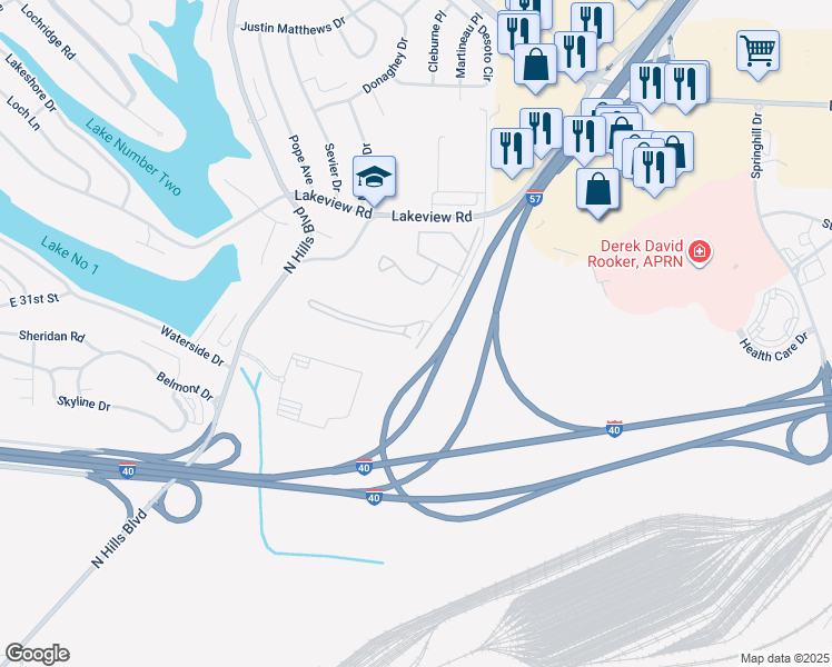 map of restaurants, bars, coffee shops, grocery stores, and more near 2401 Lakeview Road in North Little Rock