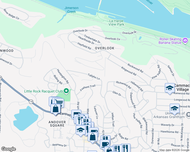 map of restaurants, bars, coffee shops, grocery stores, and more near 34 Tallyho Lane in Little Rock