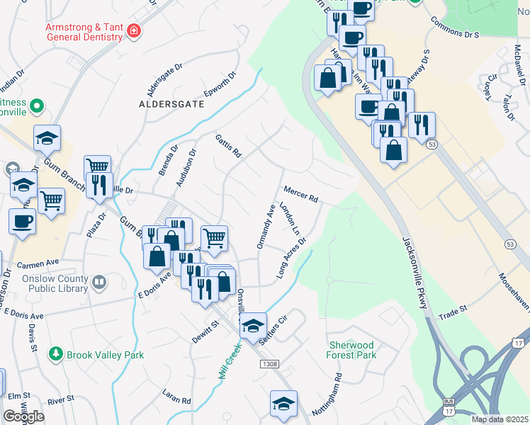 map of restaurants, bars, coffee shops, grocery stores, and more near 1215 Ormandy Avenue in Jacksonville