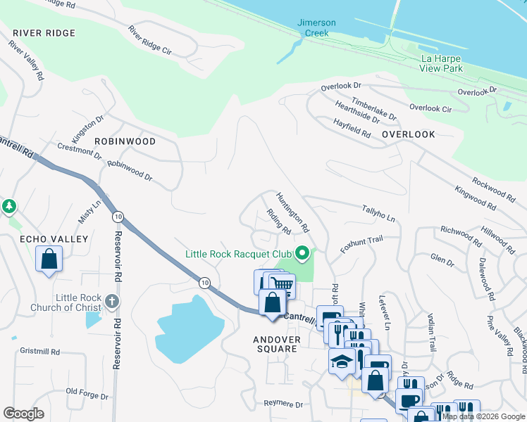 map of restaurants, bars, coffee shops, grocery stores, and more near 17 Riding Rd in Little Rock