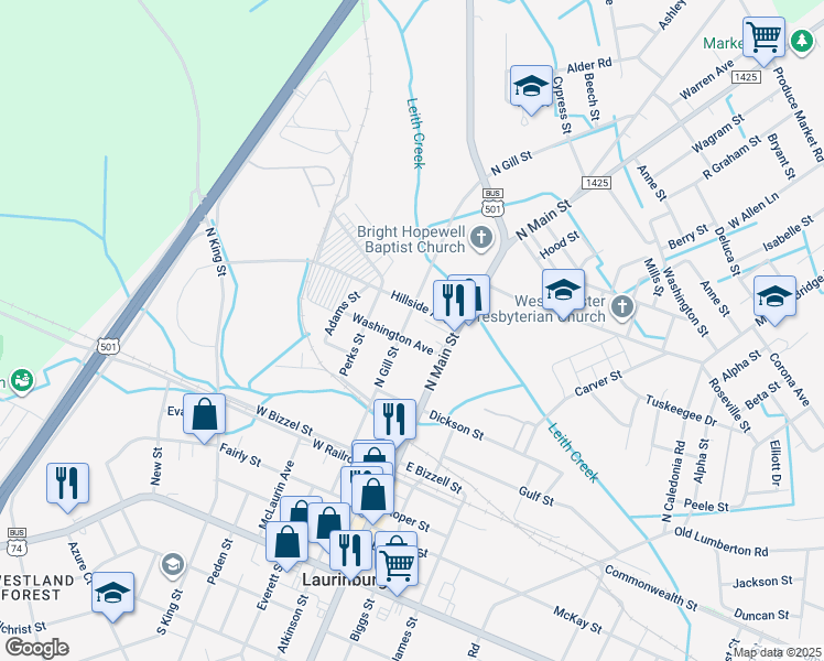 map of restaurants, bars, coffee shops, grocery stores, and more near 406 North Gill Street in Laurinburg