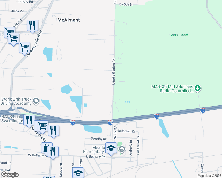 map of restaurants, bars, coffee shops, grocery stores, and more near 1212 Eureka Garden Road in North Little Rock