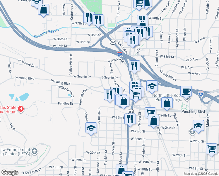 map of restaurants, bars, coffee shops, grocery stores, and more near 13 Cliffwood Circle in North Little Rock