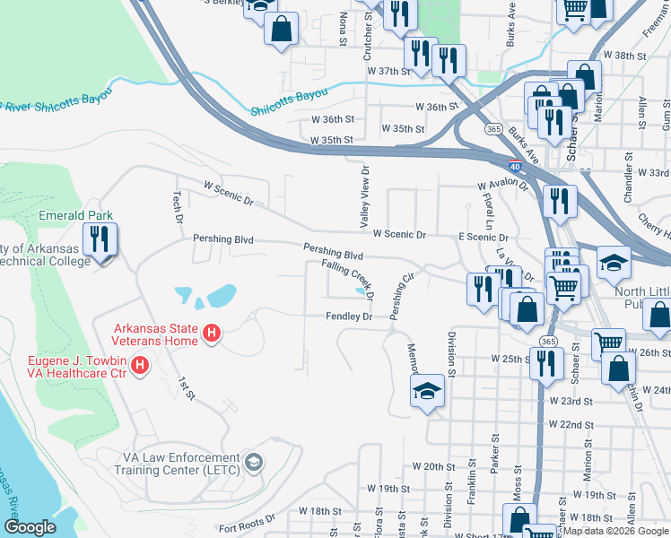 map of restaurants, bars, coffee shops, grocery stores, and more near 54 Lori Lane in North Little Rock