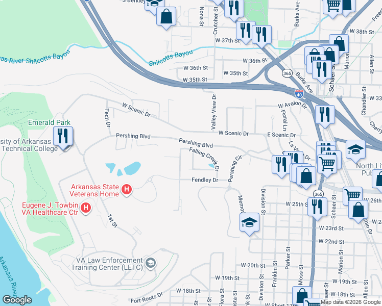 map of restaurants, bars, coffee shops, grocery stores, and more near 54 Lori Lane in North Little Rock