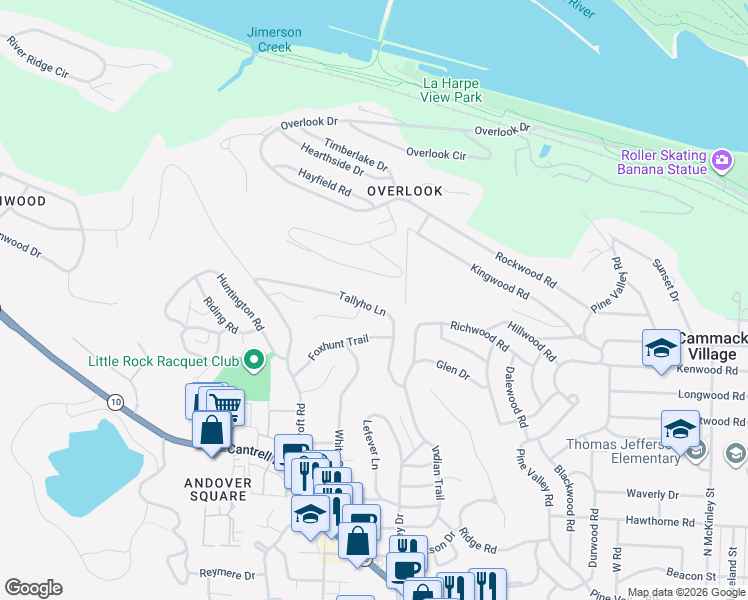 map of restaurants, bars, coffee shops, grocery stores, and more near 34 Tallyho Lane in Little Rock