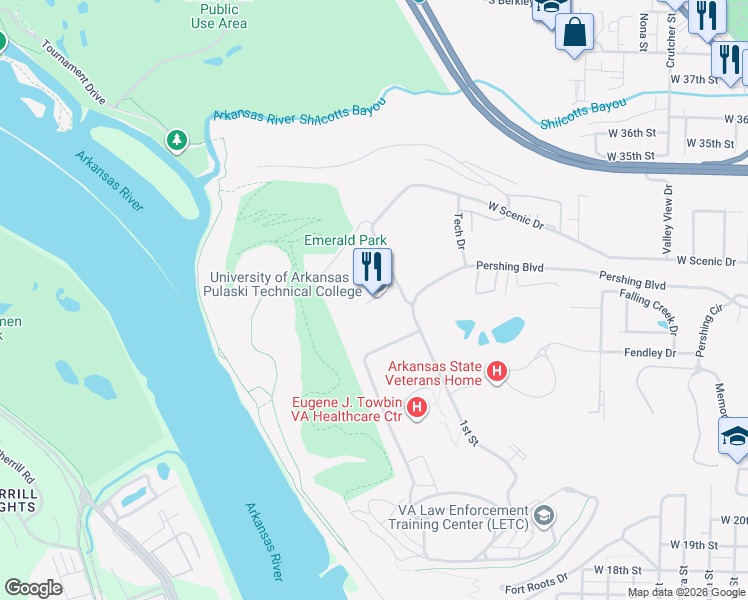 map of restaurants, bars, coffee shops, grocery stores, and more near 3000 West Scenic Drive in North Little Rock