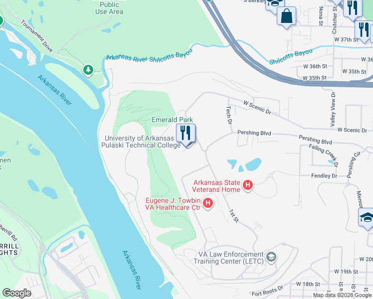 map of restaurants, bars, coffee shops, grocery stores, and more near 3000 West Scenic Drive in North Little Rock