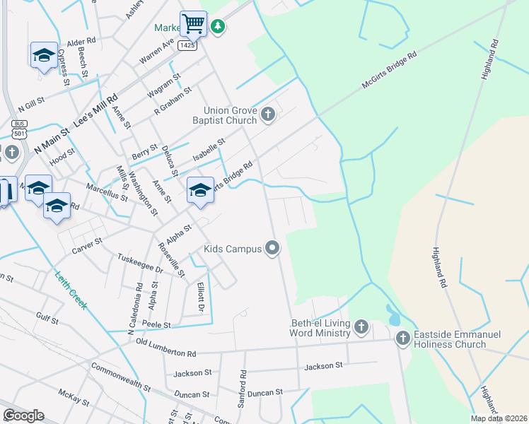 map of restaurants, bars, coffee shops, grocery stores, and more near 515 Produce Market Road in Laurinburg