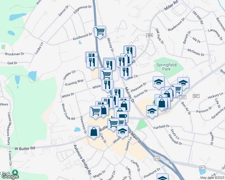 map of restaurants, bars, coffee shops, grocery stores, and more near 208 North Main Street in Mauldin