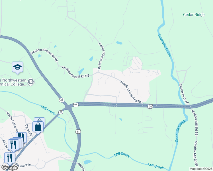 map of restaurants, bars, coffee shops, grocery stores, and more near 2536 Maddox Chapel Road Northeast in Dalton