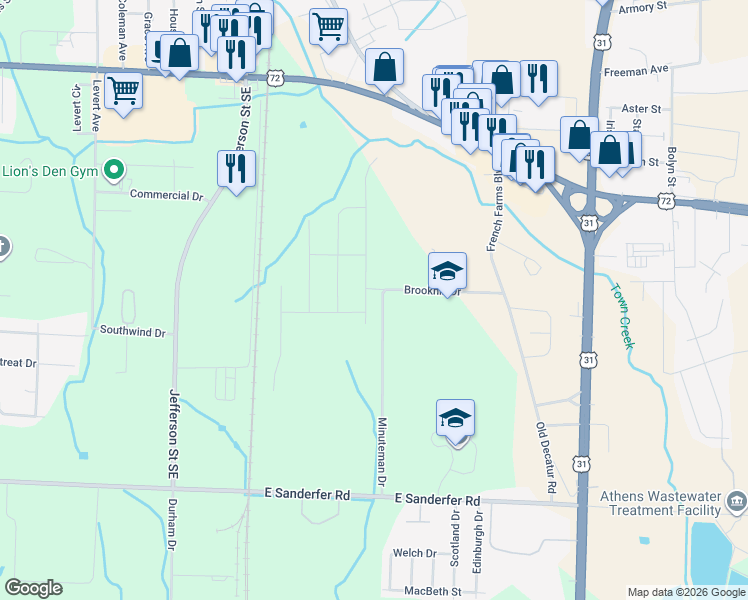 map of restaurants, bars, coffee shops, grocery stores, and more near 320 Brookhill Drive in Athens