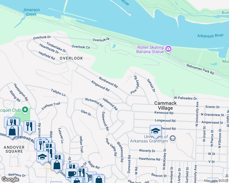 map of restaurants, bars, coffee shops, grocery stores, and more near 7000 Kingwood Road in Little Rock