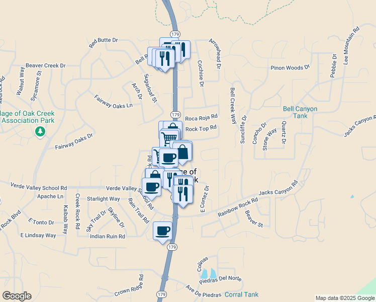 map of restaurants, bars, coffee shops, grocery stores, and more near 12 Canyon Diablo Road in Sedona