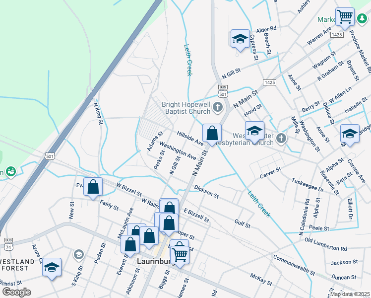 map of restaurants, bars, coffee shops, grocery stores, and more near 406 North Gill Street in Laurinburg