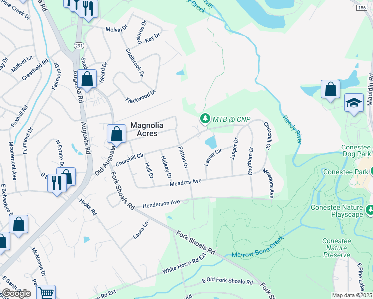 map of restaurants, bars, coffee shops, grocery stores, and more near 103 Patton Drive in Greenville