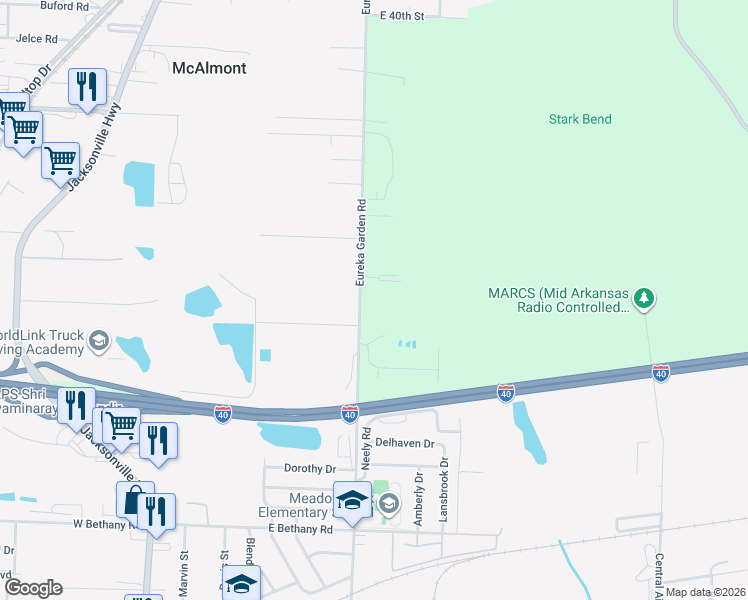 map of restaurants, bars, coffee shops, grocery stores, and more near 1212 Eureka Garden Road in North Little Rock