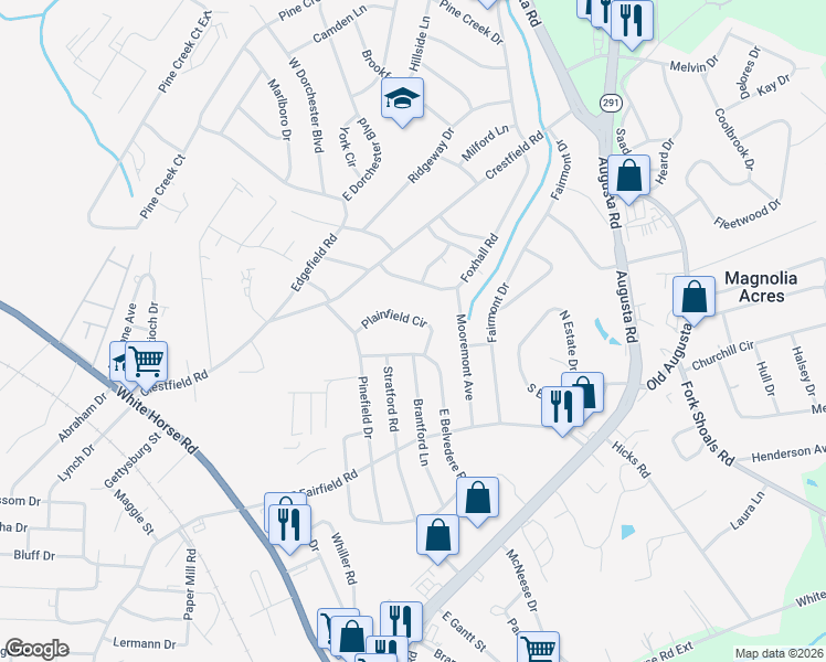 map of restaurants, bars, coffee shops, grocery stores, and more near 31 Plainfield Circle in Greenville