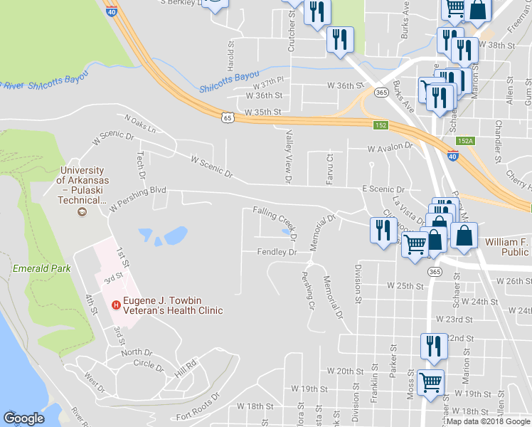 map of restaurants, bars, coffee shops, grocery stores, and more near 62 Falling Creek Drive in North Little Rock