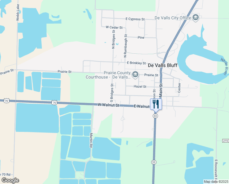map of restaurants, bars, coffee shops, grocery stores, and more near 118 East Sycamore Street in De Valls Bluff