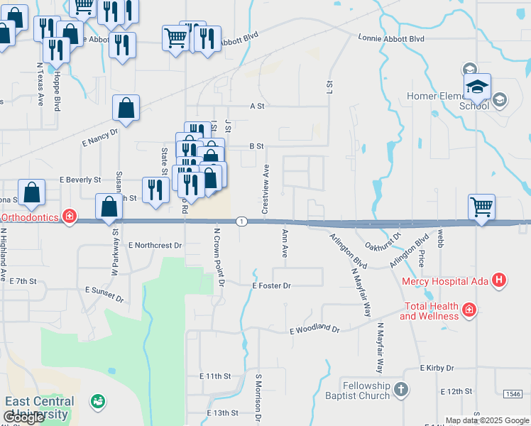 map of restaurants, bars, coffee shops, grocery stores, and more near 2044 East Arlington Street in Ada