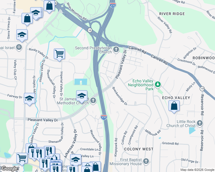 map of restaurants, bars, coffee shops, grocery stores, and more near 500 Cambridge Place Drive in Little Rock